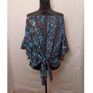 Women's Black, Blue, and Red Floral Front Tie Daisy Duke Southern Style Size Med